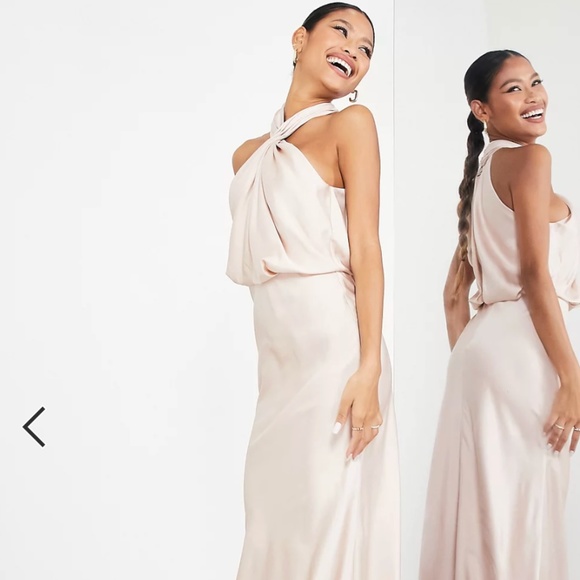 New with Tags - ASOS - satin ruched halter neck maxi dress in blush - Picture 1 of 5